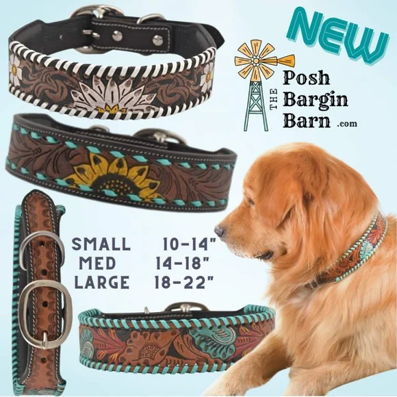 Myra Bag Dog M Turquoise Sunflower Genuine Leather Dog Collars